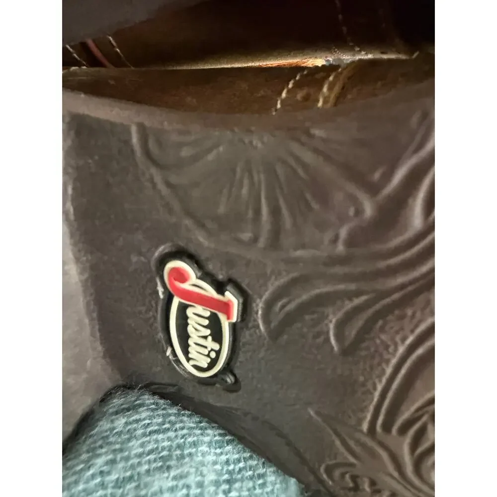 Justin Gy9530 Men’s Western Size 10B Brown Embossed Leather Pull On Cowboy Boots